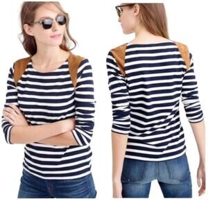 J.Crew Navy White Striped Long Sleeve Suede Shoulder Casual T-Shirt Size XS